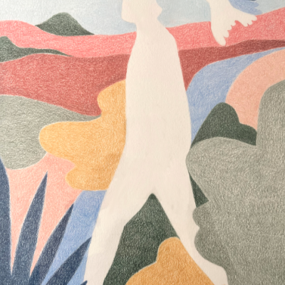 Quadro com figura humana em silhueta branca e formas abstratas coloridas.