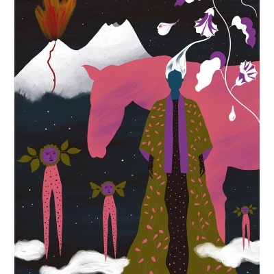 Ilustração digital com figura azul e montanha em erupção