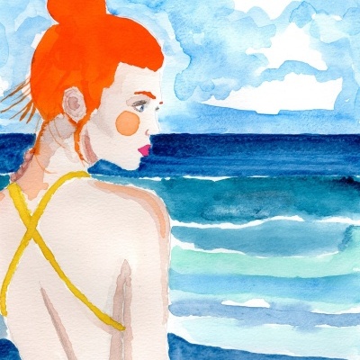 Aquarela de mulher ruiva de costas em fato de banho amarelo junto ao mar