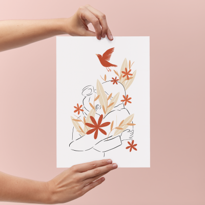 Pôster branco com ilustração minimalista de figura humana, flores e pássaro