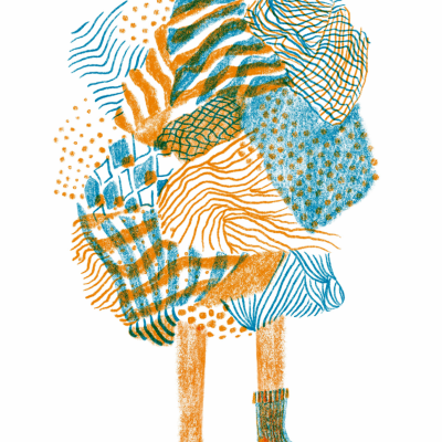 Ilustração abstrata em azul e laranja de figura com roupas e meias padronizadas