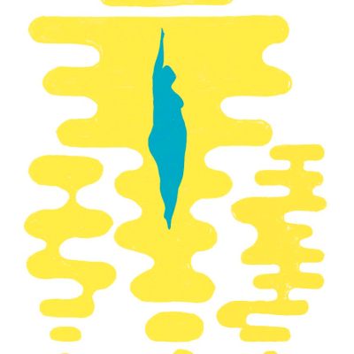 Ilustração abstrata com formas azuis e amarelas sobre fundo branco