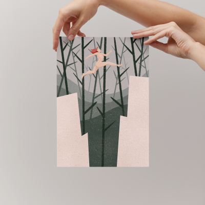 Ilustração de pessoa a saltar entre penhascos com árvores no fundo