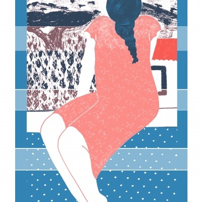 Ilustração de mulher de costas com vestido cor-de-rosa sentada numa superfície azul com vista para paisagem