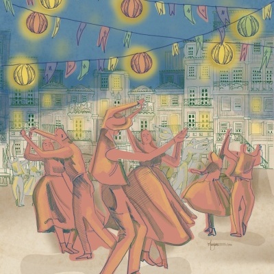 Ilustração de pessoas a dançar noite com bandeirinhas e lanternas, prédios iluminados ao fundo