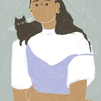Ilustração de mulher com gato preto no ombro