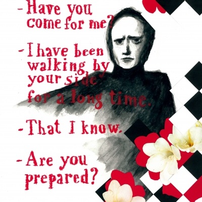 Ilustração com rosto sombreado de homem e texto vermelho com padrão de losangos e flores brancas