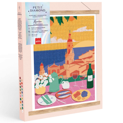 Kit pintura diamante PETIT DIAMOND Menton com imagem comida, vinho e cidade ao fundo