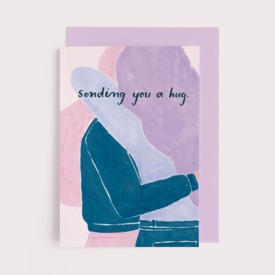 Cartão ilustrado com duas pessoas a abraçar e texto sending you a hug.