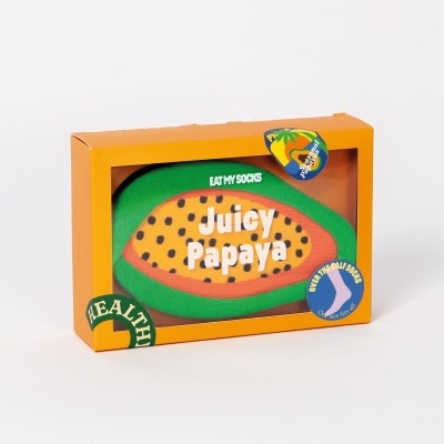 Meia com padrão de papaia em embalagem laranja