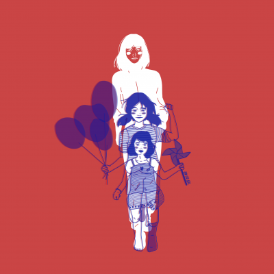 Ilustração digital de três mulheres sobrepostas com balões e pinwheel sobre fundo laranja