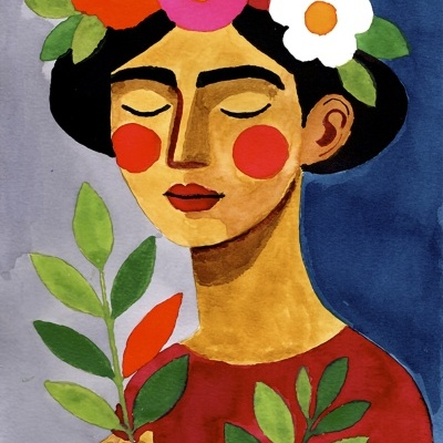 Ilustração artística de mulher com coroa de flores e ramos verdes