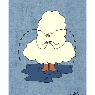 Desenho de nuvem branca com botas castanhas a chorar em fundo azul