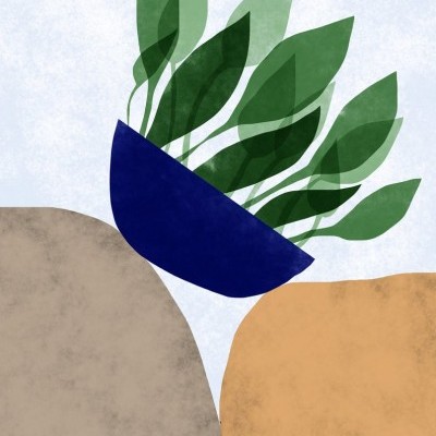 Planta em vaso azul entre duas pedras, ilustração digital.