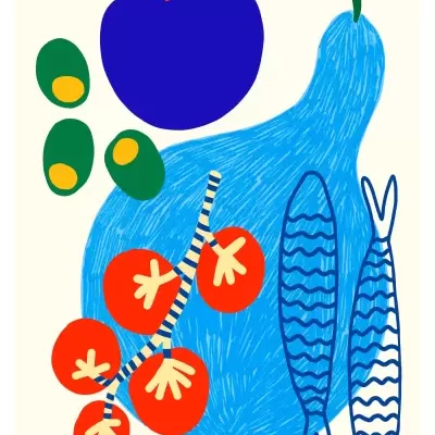 Ilustração gráfica de frutas e peixes em várias cores sobre fundo bege