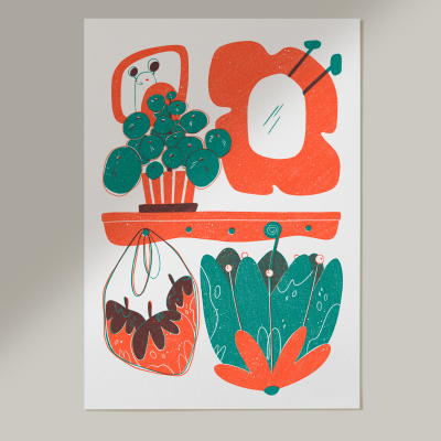 Ilustração colorida com plantas abstratas e moldura com espelho