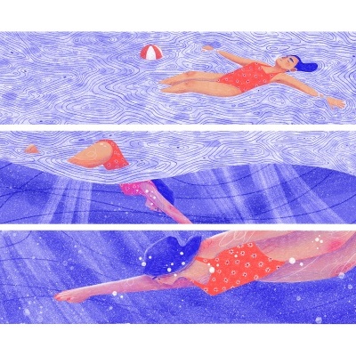 Ilustração de mulher com fato de banho laranja a nadar em água azul em três painéis