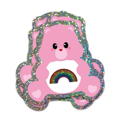 Autocolantes de ursinho rosa com arco-íris e contorno holográfico