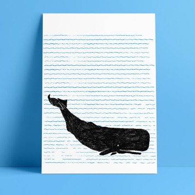 Cartaz branco com linhas azuis e ilustração de uma baleia preta
