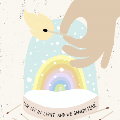 Ilustração de mão a acender fósforo com arco-íris e texto motivacional