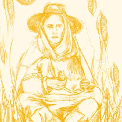 Desenho amarelo de mulher com chapéu e plantas ao redor.