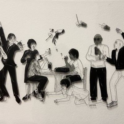 Desenho preto e branco de pessoas a dançar e a conversar à volta de uma mesa