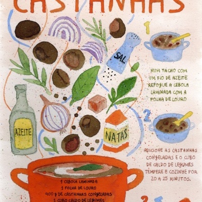 Ilustração colorida de ingredientes para sopa de castanhas com texto de receita em português