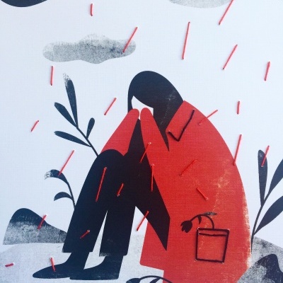 Ilustração de figura humana sentada com casaco vermelho e plantas