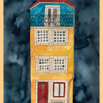 Ilustração de edifício amarelo com telhado azul e varanda com grade preta