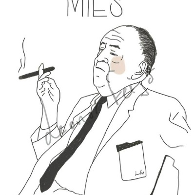 Desenho de homem de fato branco a segurar charuto, com texto MIES acima