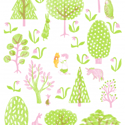 Desenho colorido com árvores, flores e animais em tons de verde e rosa