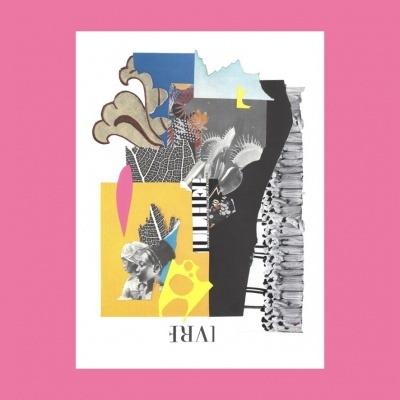 Colagem artística com texturas, cores variadas e a palavra LYRE invertida