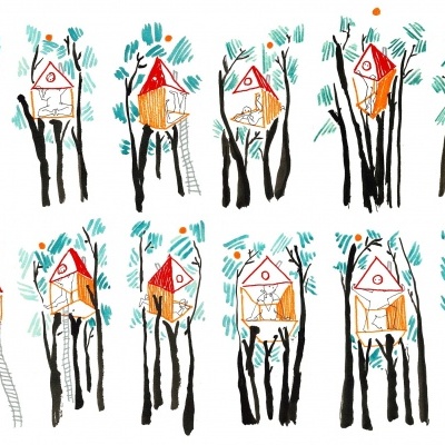 Desenhos coloridos de casas na árvore com escadas e folhas em tons de azul e verde