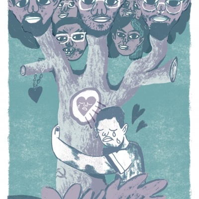 Ilustração colorida com árvore de caras humanas e homem a chorar abraçado ao tronco