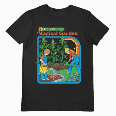 T-shirt preta com estampa infantil colorida e texto 'Let's Plant a Magical Garden'