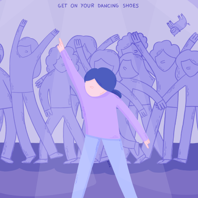 Pessoa destacada com sapatos vermelhos em fundo roxo e texto inspirador