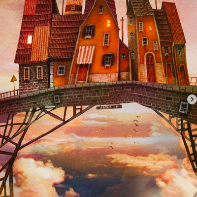 Ilustração de casas coloridas numa ponte de pedra com céu e nuvens ao fundo