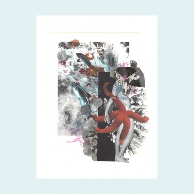 Ilustração artística em papel com figura humana, estrela-do-mar vermelha e elementos abstratos coloridos