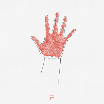 Desenho estilizado de mão com palma vermelha e fundo branco