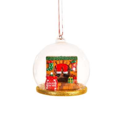 Ornamento de natal globo de vidro com lareira e placa 'SANTA PLEASE STOP HERE'