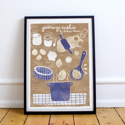 Poster ilustrativo de receita de pierogi russkie com ilustrações e texto