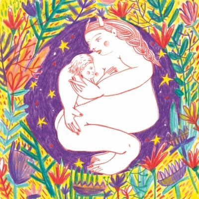 Ilustração de mulher e criança aninhadas dentro de um círculo roxo, rodeadas por folhas coloridas