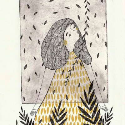 Desenho de rapariga com vestido amarelo e folhas pretas, assinatura M20