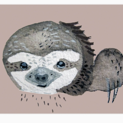 Ilustração em aguarela de uma preguiça cinzenta com detalhes em branco e preto