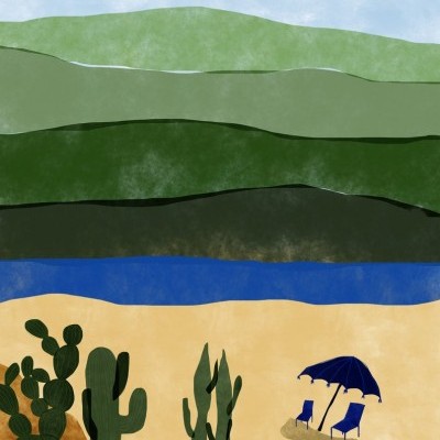 Ilustração de cactos, praia com guarda-sol e espreguiçadeiras, lago, montanhas e sol.