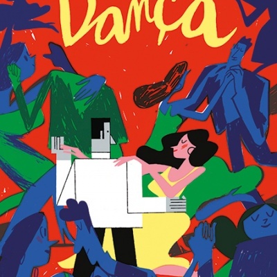 Capa colorida de livro 'Dança' com figuras estilizadas a dançar