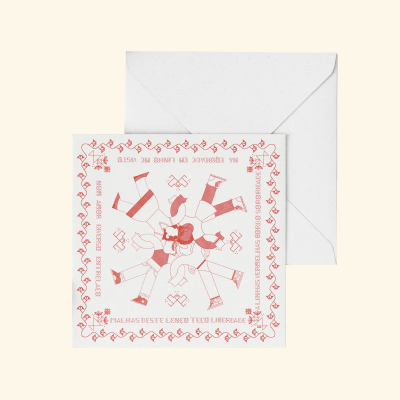 Cartão ilustrado branco com crianças desenhadas em círculo e texto em vermelho.