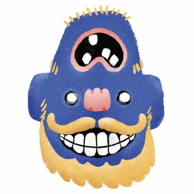 Ilustração de máscara azul com terceiro olho, nariz cor-de-rosa e barba amarela