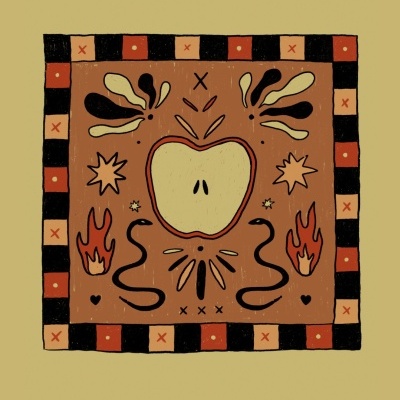 Ilustração decorativa com maçã, chamas e padrões geométricos em tons castanhos e bege