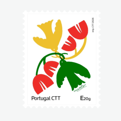 Selo postal com ilustração colorida de pássaros e flores, texto Portugal CTT e E20g